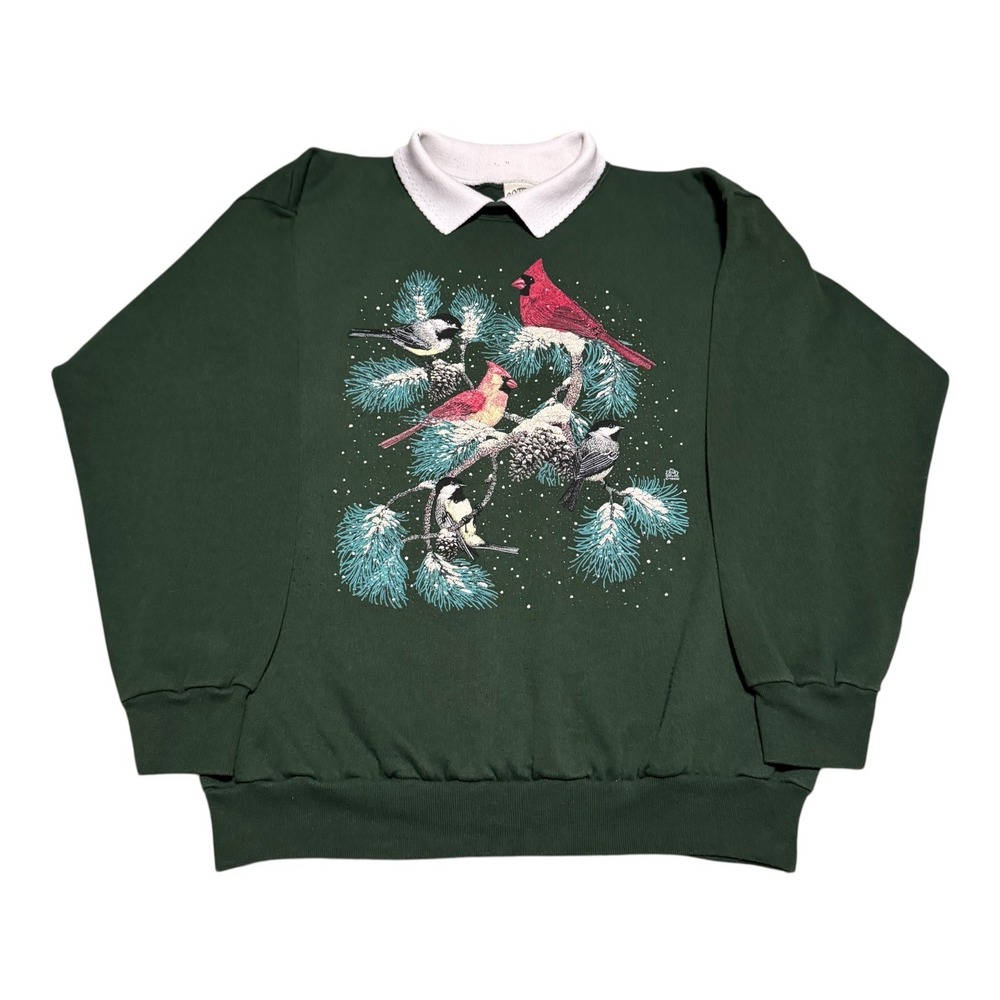 Vintage Cotton Grove Christmas Bird‎ Cotton Blend Collared Sweatshirt Women's L